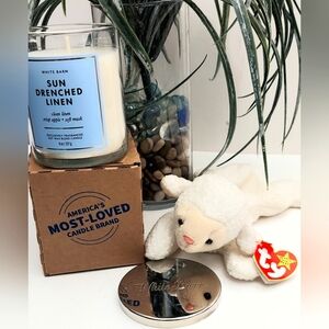 NEW!B & B W White Barn Sun Drenched Linen Candle & FREE TY BEANIE Plush "FLEECE"